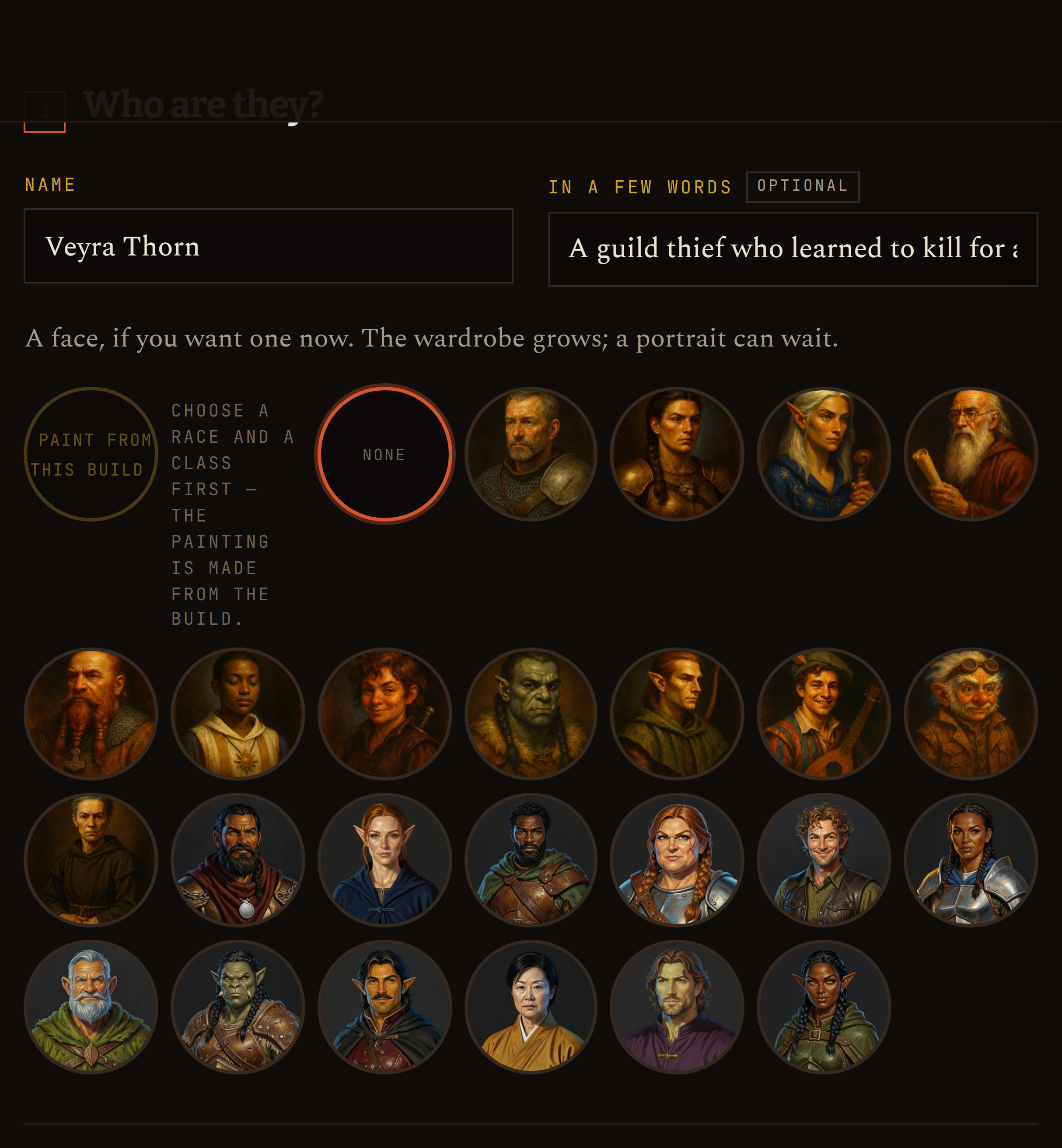 The first step of the workshop: a name field reading Veyra Thorn and a concept line describing a guild thief who learned to kill for a cause.