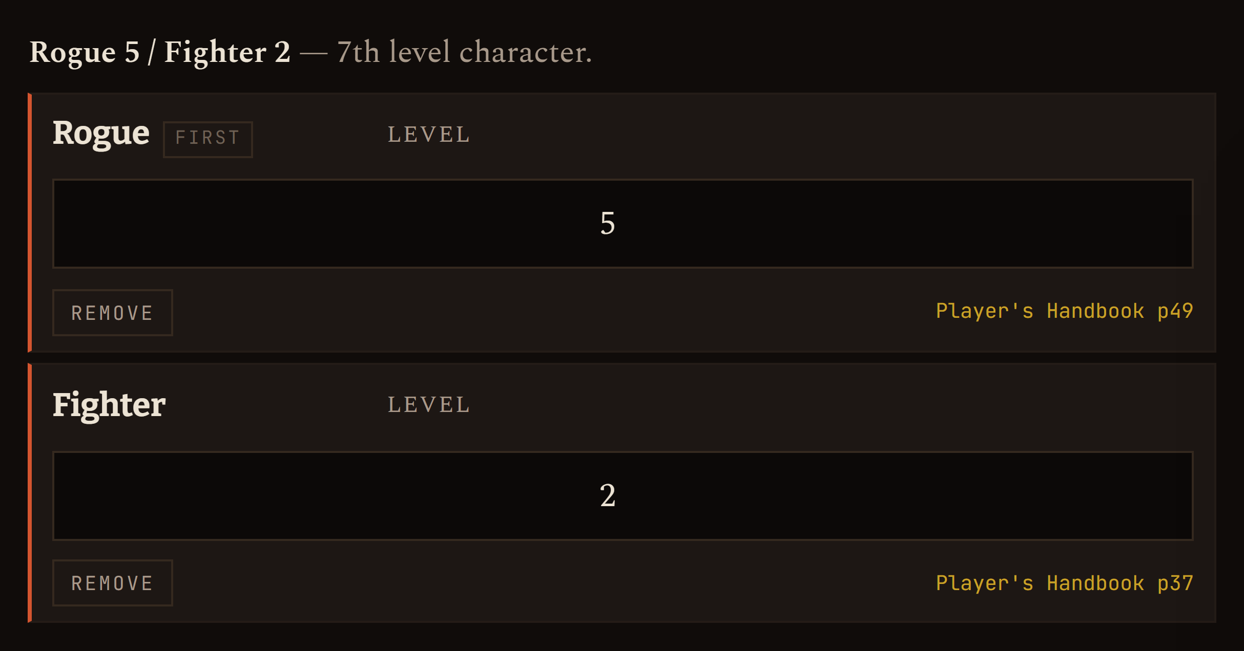 A second class row, Fighter 2, added beneath the rogue.