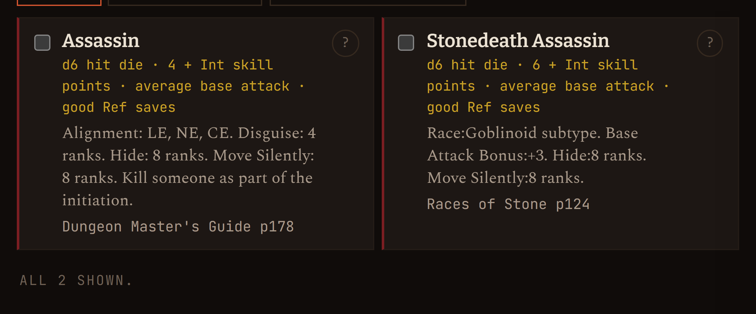 The Assassin prestige class in the class list, printing its requirements.