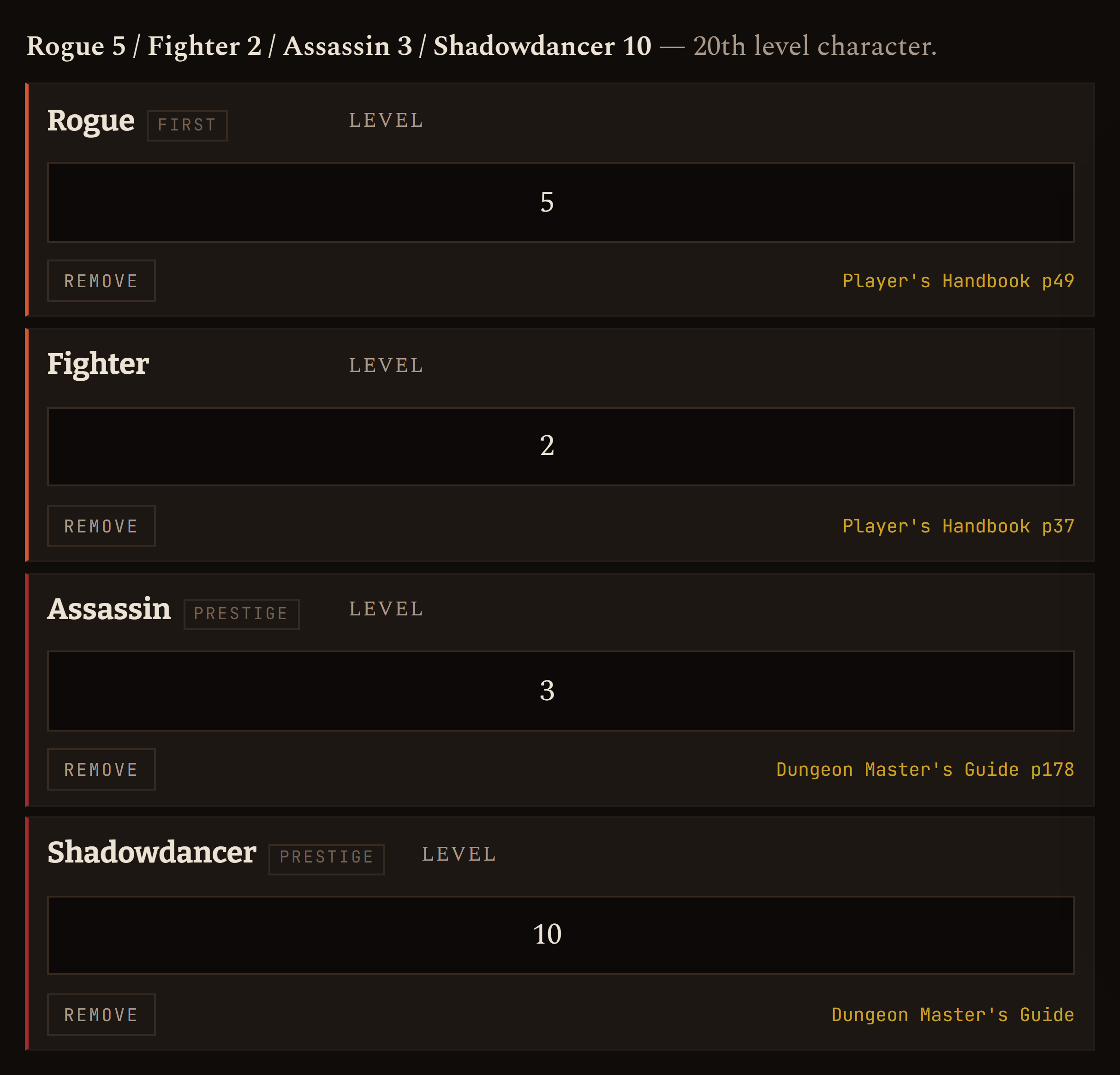 The workshop's class list for a twentieth-level character: Rogue 5, Fighter 2, Assassin 3 and Shadowdancer 10, each citing its book and page.