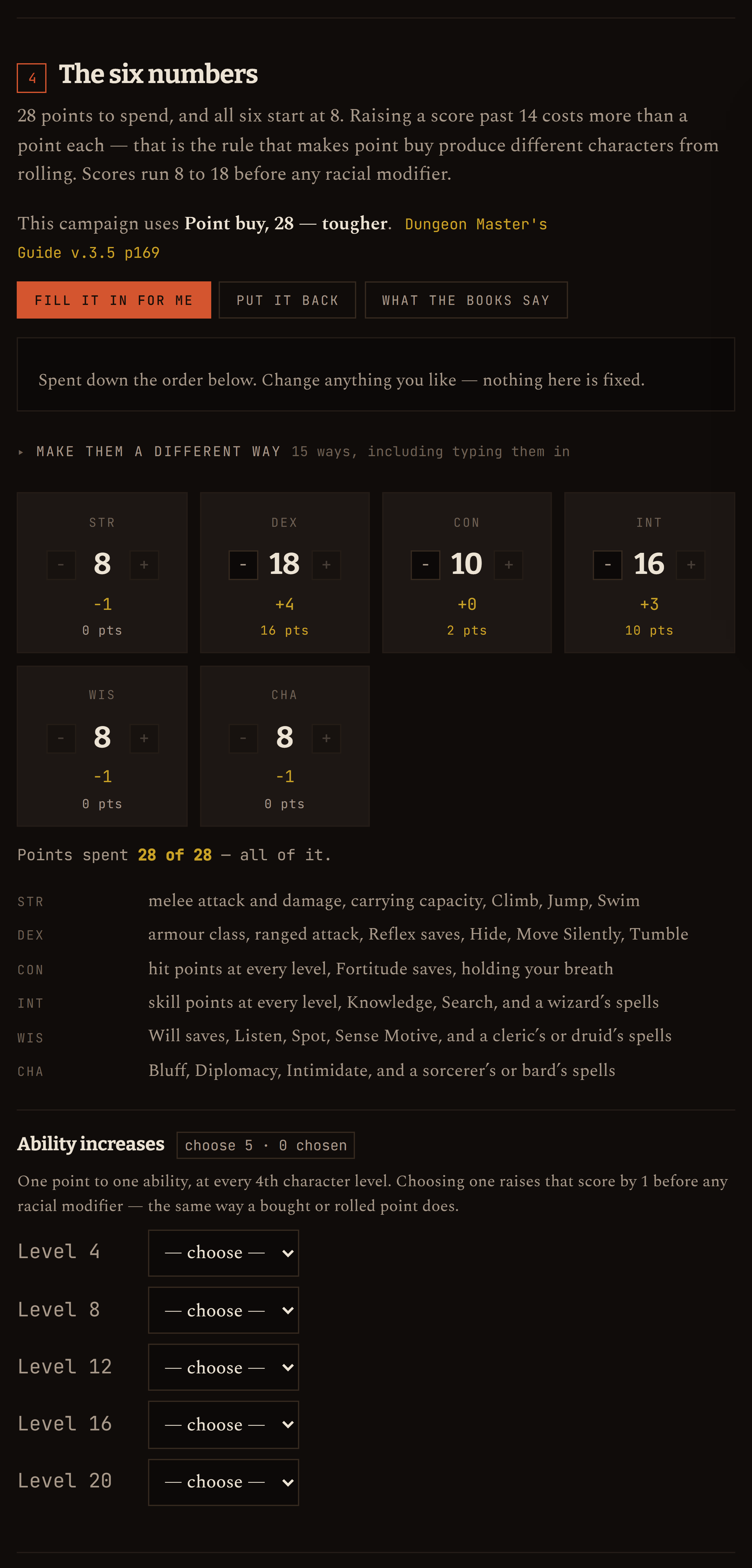 The abilities step under point buy, showing the six scores and what each point costs.