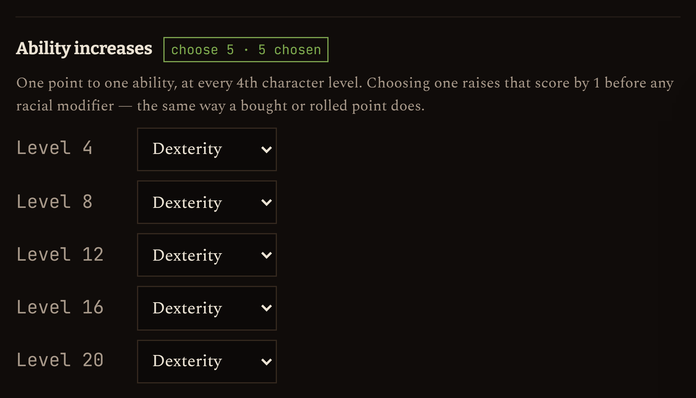 Five ability increase choices, one for each of levels 4, 8, 12, 16 and 20.