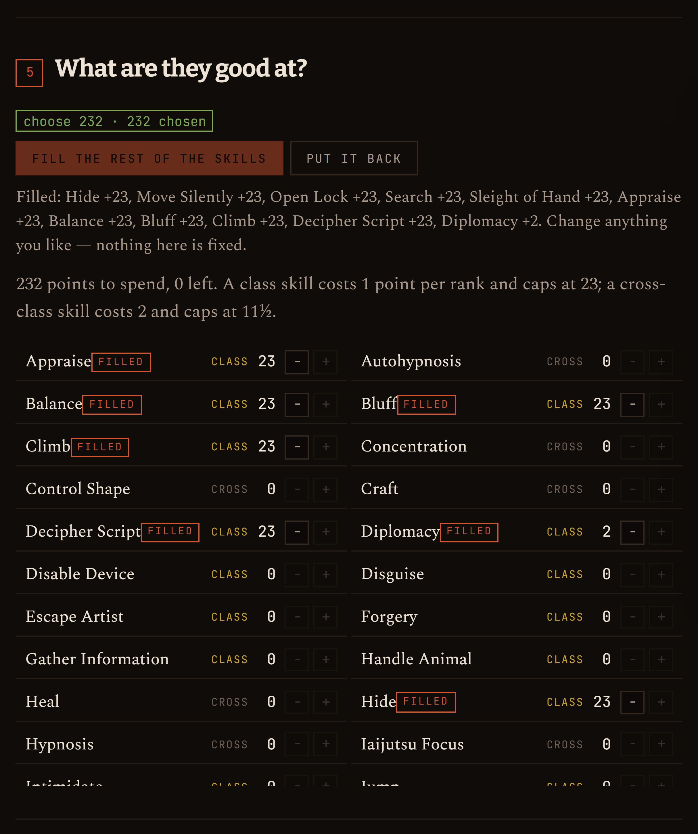 The skills step, showing the shared point budget and the class and cross-class caps.