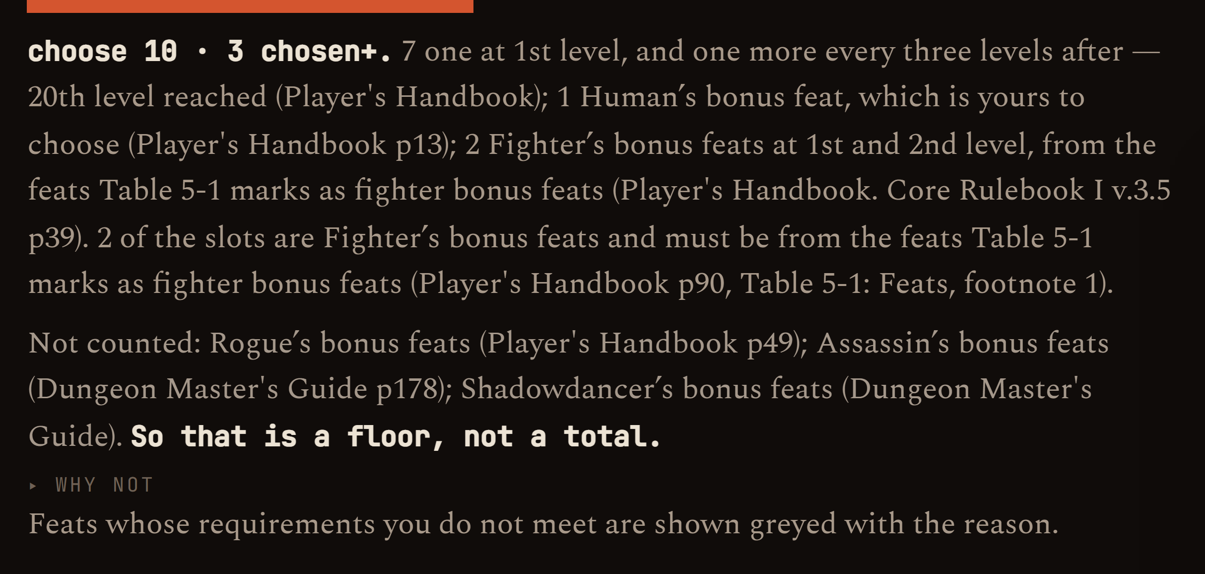 The feat allowance line: how many feats, where each came from, and what the count could not include.