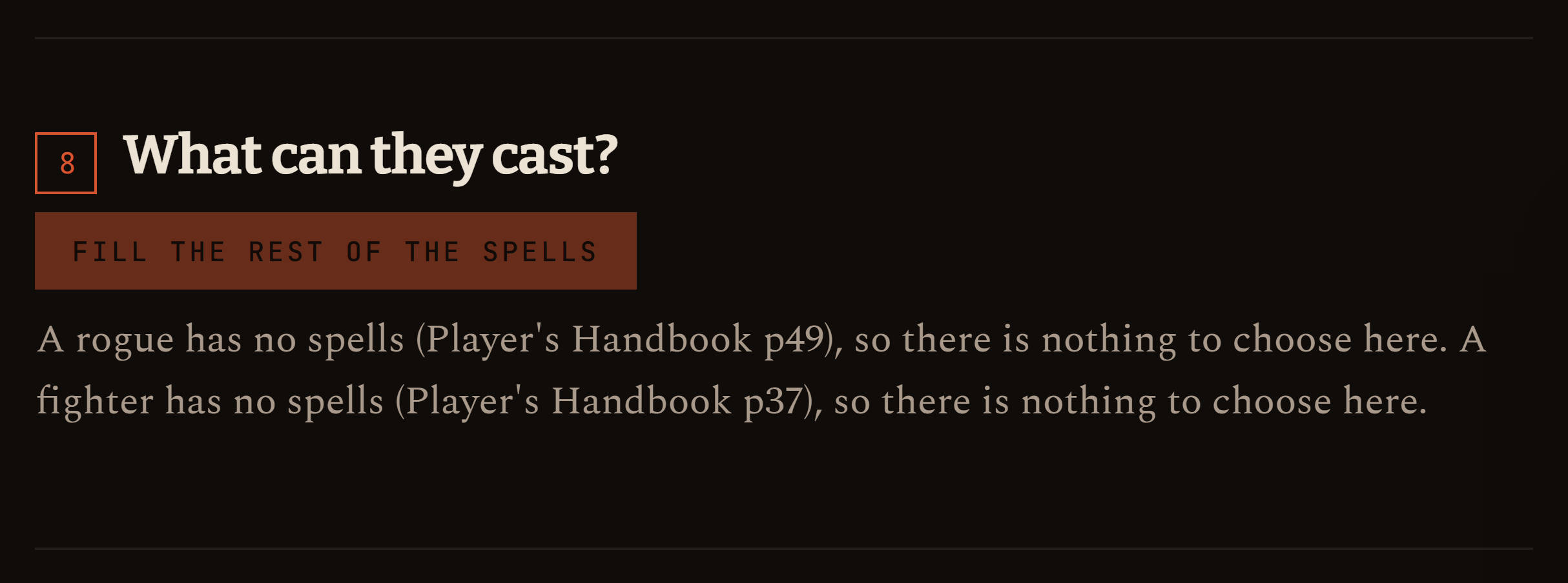 The spells step, naming which class's spell list is being shown.