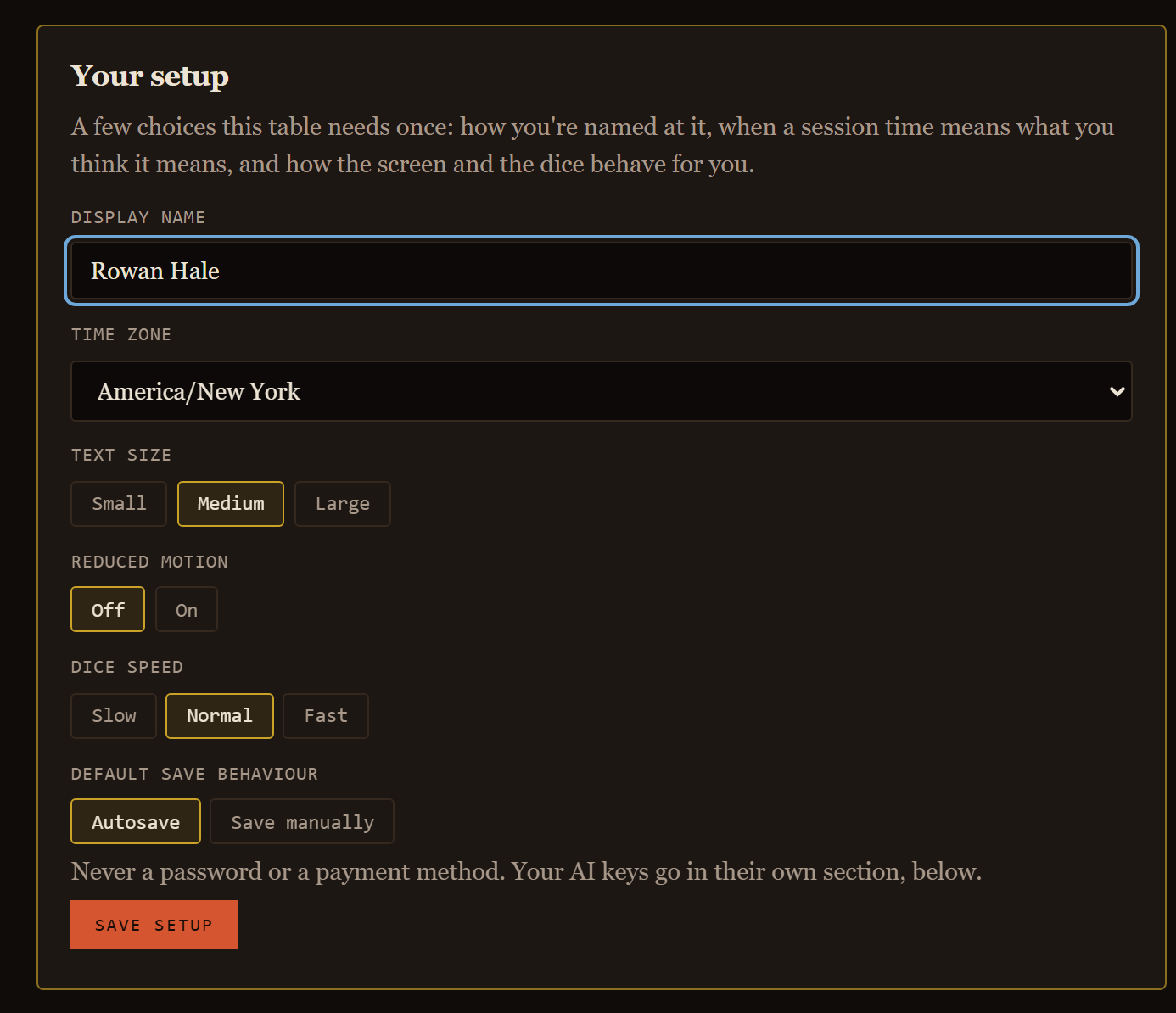The first-run settings: display name, dice speed, autosave.