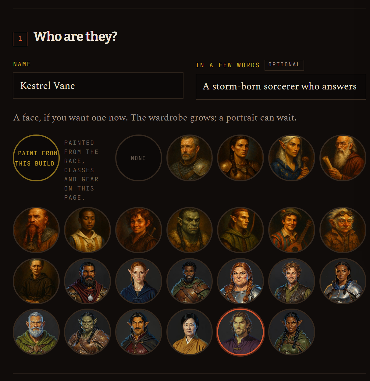 The concept step: name, concept, portrait.