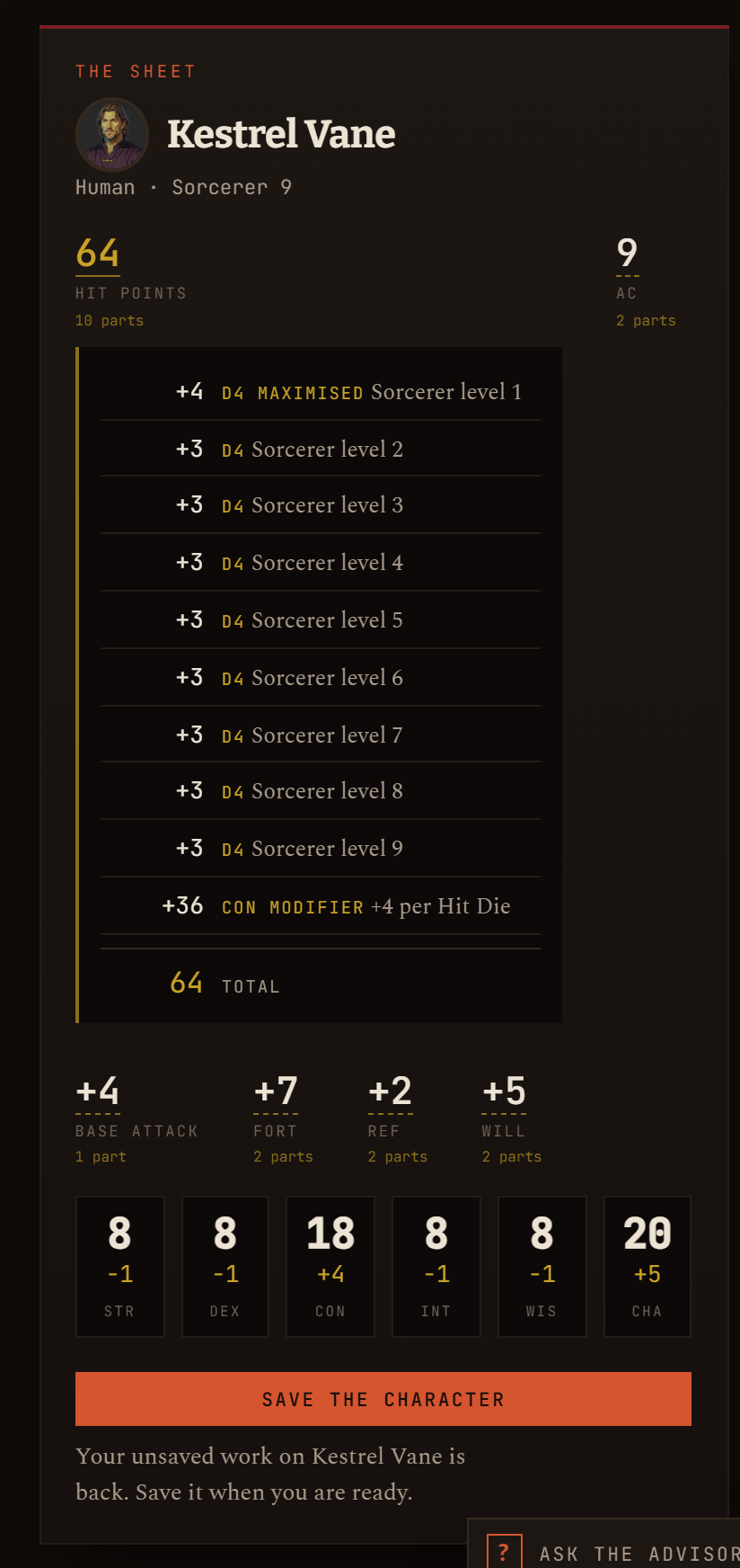 The sheet, with hit points opened into their parts.