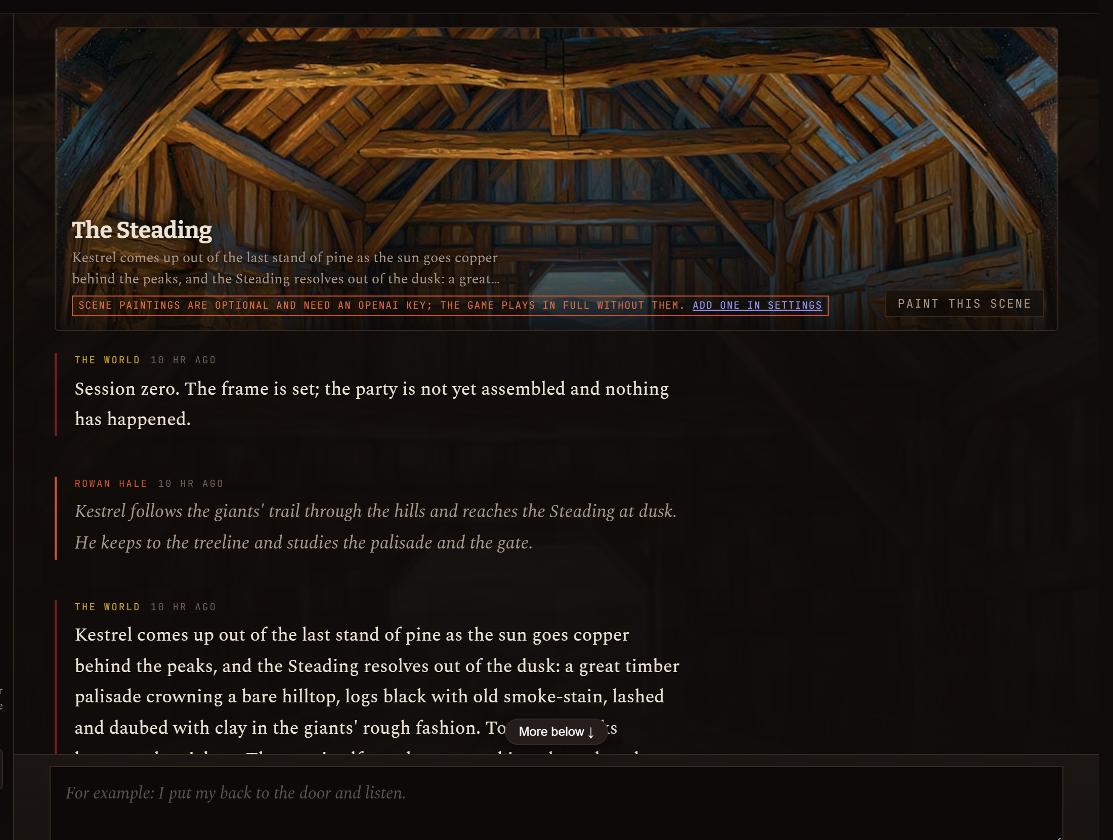 The table: the scene card, the player's action and the Dungeon Master's narration.