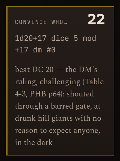 The roll card: 1d20+17, dice 5, beat DC 20 with its source.