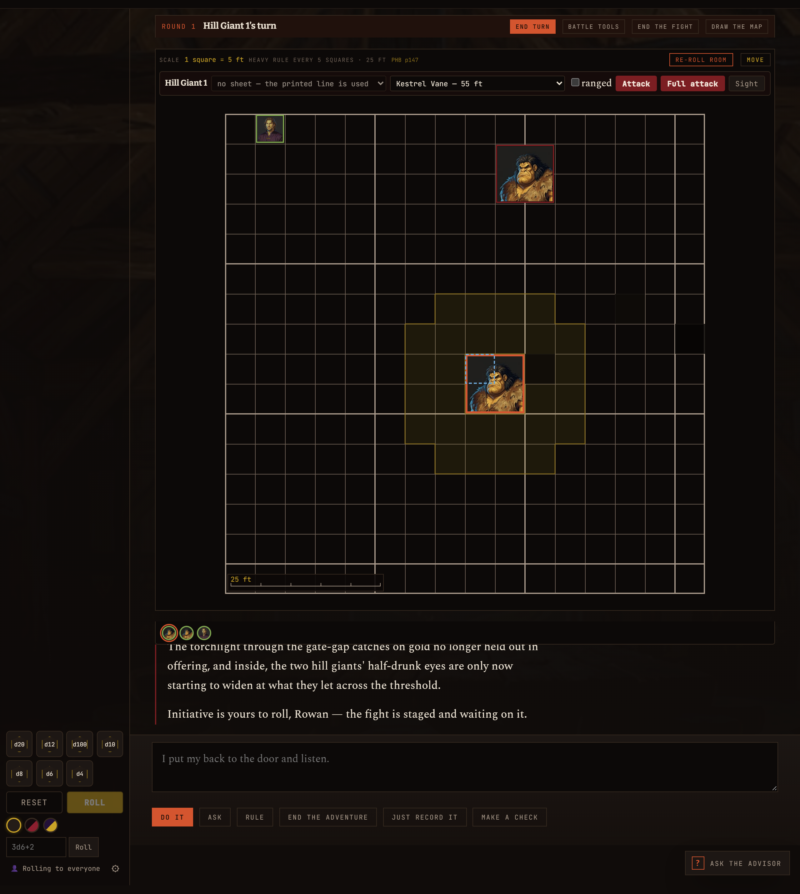 The combat view: round 1, the battle map, a giant's reach shaded.