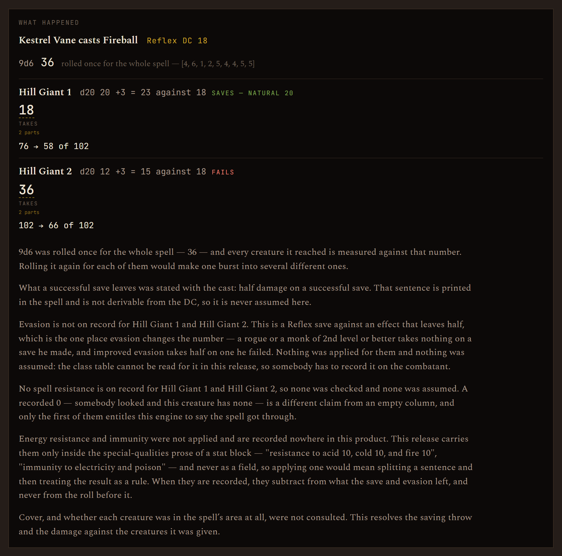The Fireball result: 36, one save made, one failed, hit points written into the fight.