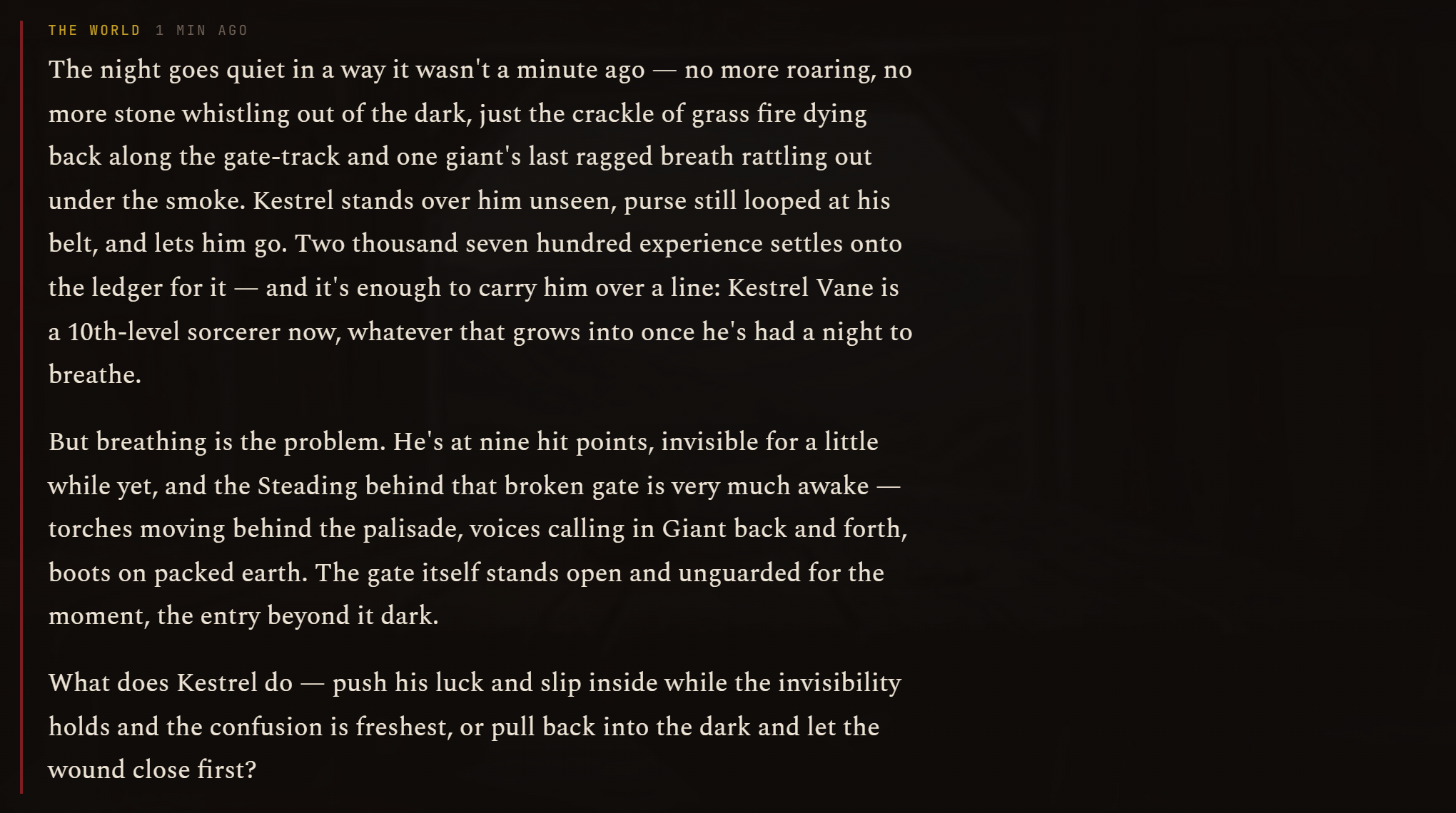 The Dungeon Master's narration after the fight, with the experience award.