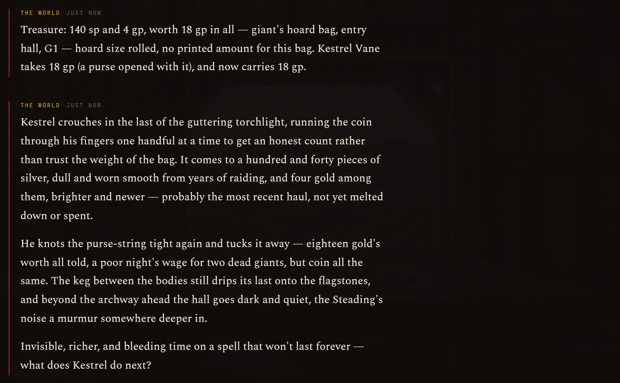 Treasure counted into the purse, and the narration of the count.