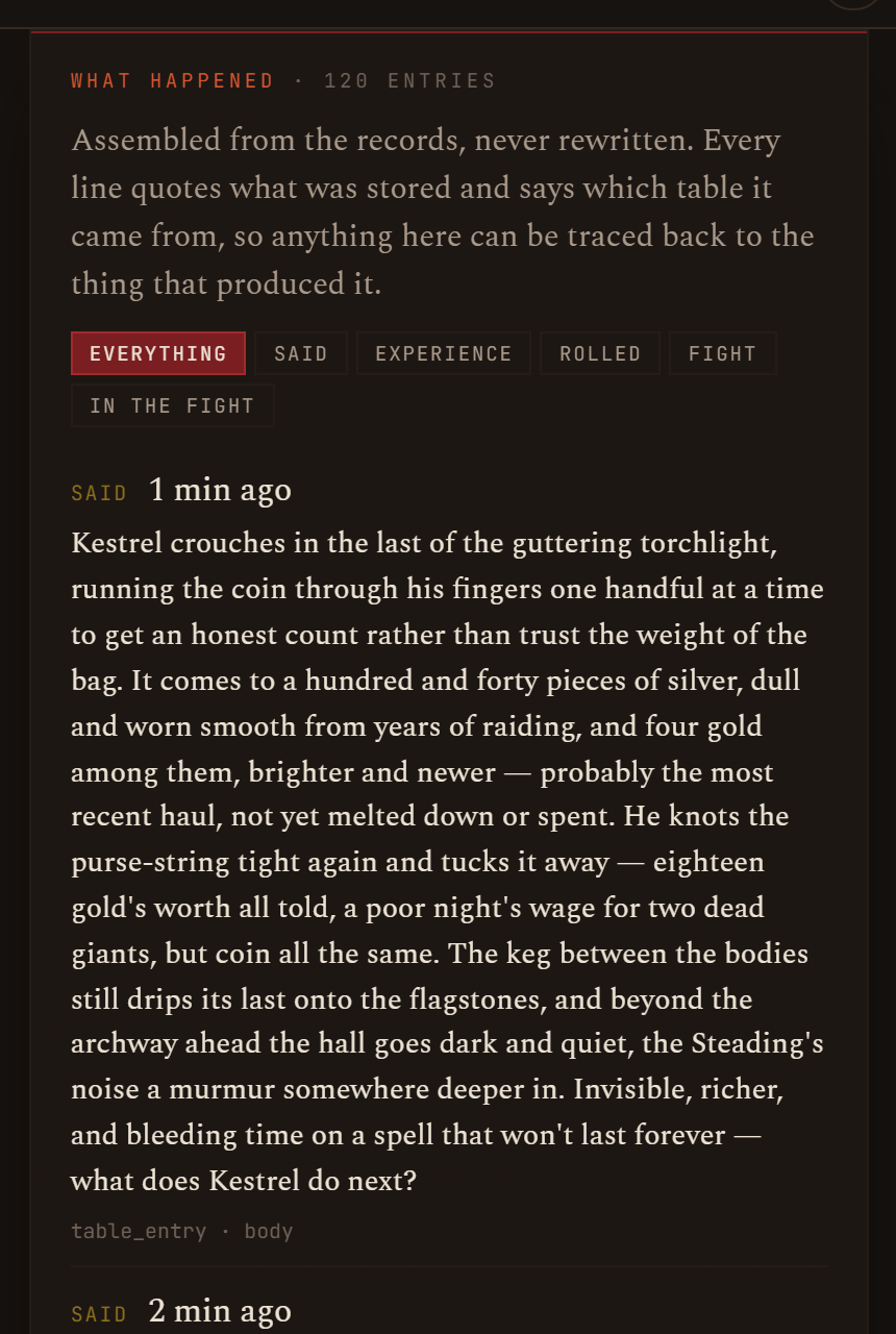 The journal: what happened, entry by entry, each with its source record.